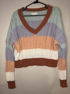 Aeropostale Multi-Color Striped V-Neck Chunky Knit Cropped Sweater